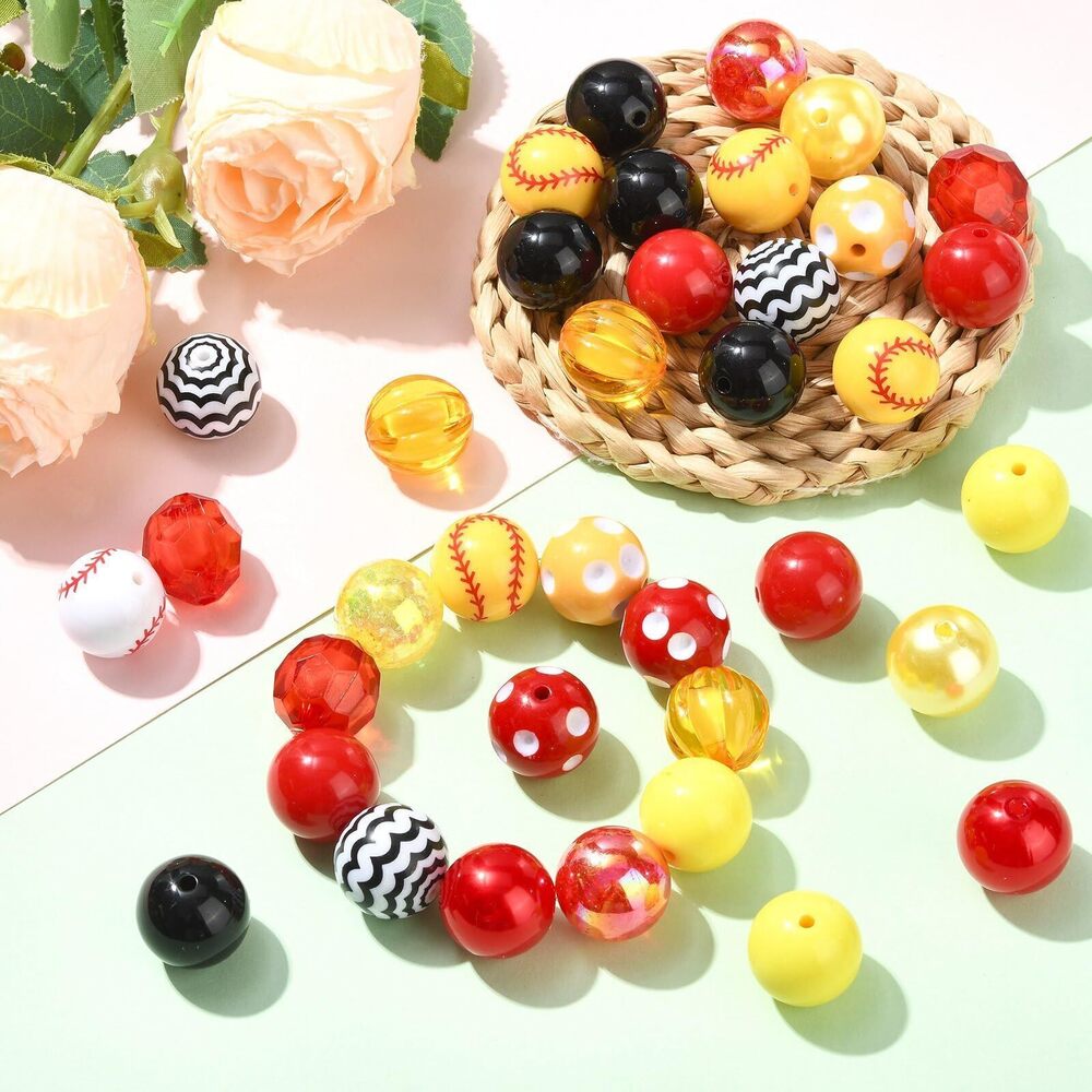 8215 105pcs Random Chunky Baseball Beads Red Yellow Acrylic Round Sport View 6